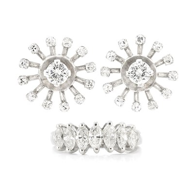 Lot 830 - Pair of White Gold and Diamond Earrings and Ring
