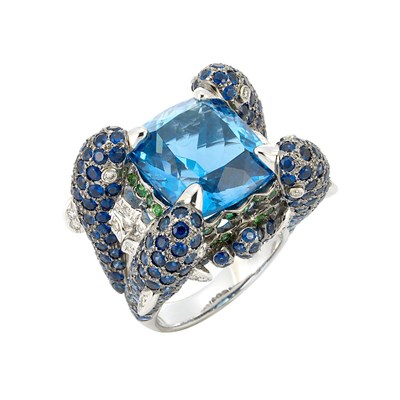Lot 502 - Blackened and White Gold, Blue Topaz, Sapphire and Diamond Ring