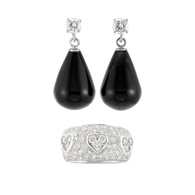 Lot 181 - White Gold and Diamond Ring and Pair of Diamond and Black Onyx Pendant-Earrings