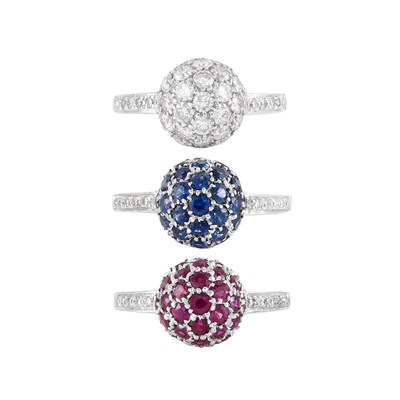 Lot 824 - Three White Gold, Diamond and Gem-Set Dome Rings