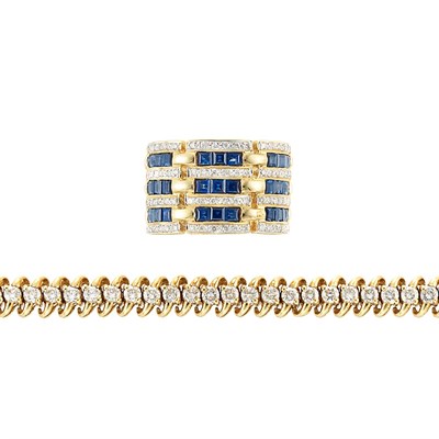 Lot 811 - Gold and Diamond Bracelet and Gold, Sapphire and Diamond Band Ring