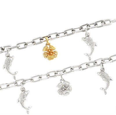 Lot 820 - Two White and Yellow Gold and Diamond Charm Bracelets
