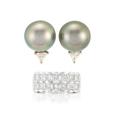 Lot 828 - Pair of Tahitian Gray Cultured Pearl and Diamond Earrings and White Gold and Diamond Ring