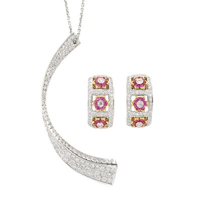 Lot 823 - White Gold and Diamond Pendant with Chain and Pair of White Gold, Pink Sapphire and Diamond Half-Hoop Earrings