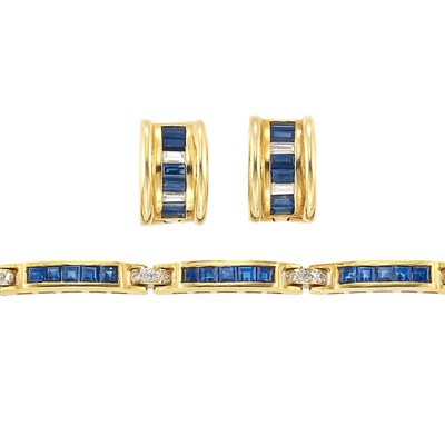 Lot 858 - Gold, Sapphire and Diamond Bracelet and Pair of Hoop Earrings