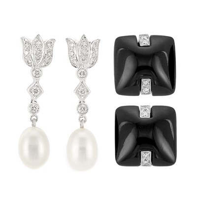 Lot 901 - Pair of White Gold, Diamond and Biwa Pearl Pendant-Earrings and Pair of Black Onyx and Diamond Earclips