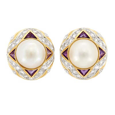 Lot 456 - Pair of Gold, Mabe Pearl, Amethyst and Diamond Earclips