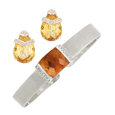 Lot 505 - Pair of White Gold, Citrine and Diamond Earrings and White Gold, Citrine and Diamond Bangle Bracelet