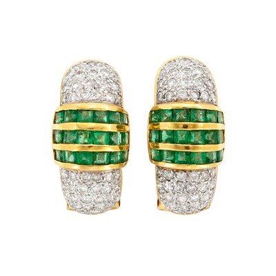 Lot 877 - Pair of Two-Color Gold, Emerald and Diamond Earrings