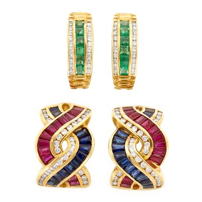 Lot 844 - Pair of Gold, Diamond, Ruby and Sapphire Earrings and Pair of Gold, Emerald and Diamond Earrings