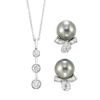 Lot 899 - White Gold and Diamond Pendant-Necklace and Pair of White Gold, Tahitian Gray Cultured Pearl and Diamond Earrings