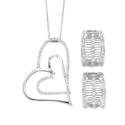 Lot 481 - Pair of White Gold and Diamond Half-Hoop Earrings and White Gold and Diamond Heart Pendant with Chain