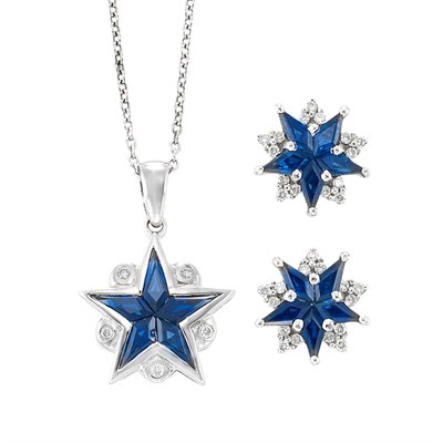 Lot 838 - White Gold, Sapphire and Diamond Star Pendant with Chain and Pair of Earrings