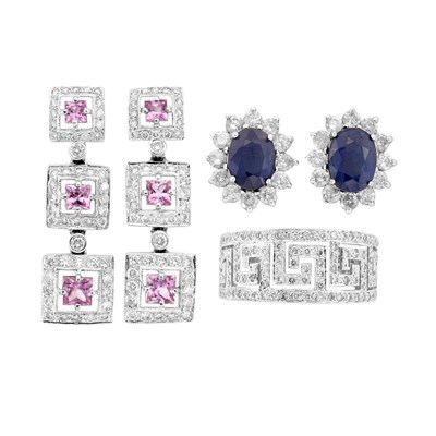 Lot 483 - Two Pairs of White Gold, Gem-Set and Diamond Earrings and White Gold and Diamond Band Ring
