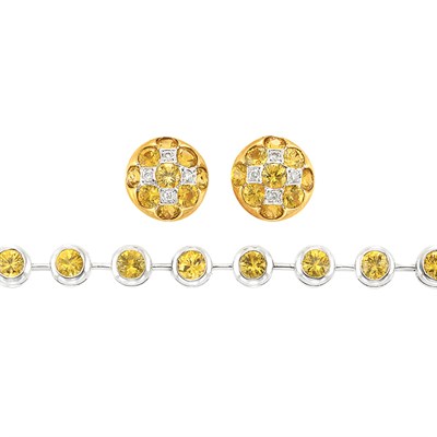Lot 510 - Pair of Gold, Yellow Sapphire and Diamond Earrings and White Gold and Yellow Sapphire Bracelet