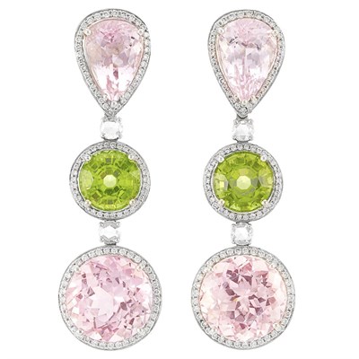 Lot 519 - Pair of White Gold, Kunzite, Peridot and Diamond Pendant-Earclips