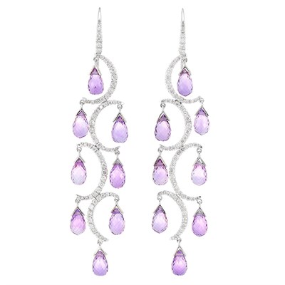 Lot 487 - Pair of White Gold, Diamond and Amethyst Briolette Pendant-Earrings