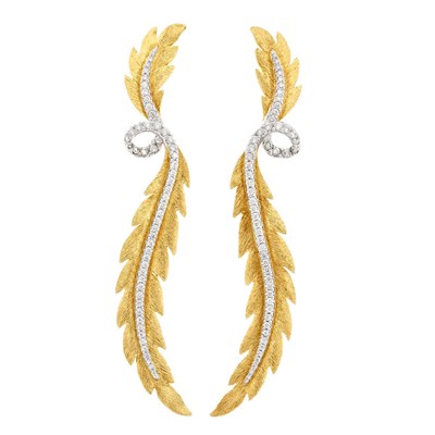 Lot 659 - Pair of Two-Color Gold and Diamond Leaf Pendant-Earrings