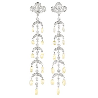 Lot 904 - Pair of White Gold, Diamond and Diamond Briolette Pendant-Earrings