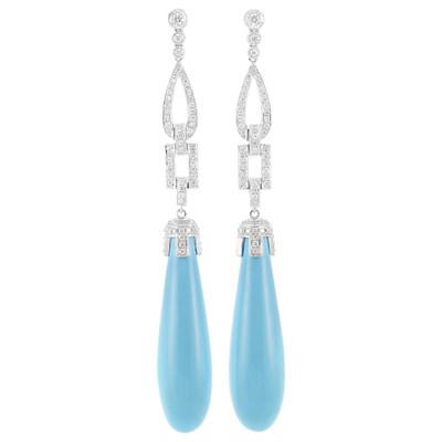 Lot 500 - Pair of White Gold, Diamond and Turquoise Pendant-Earrings