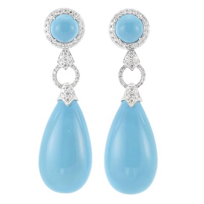Lot 912 - Pair of White Gold, Turquoise and Diamond Pendant-Earrings