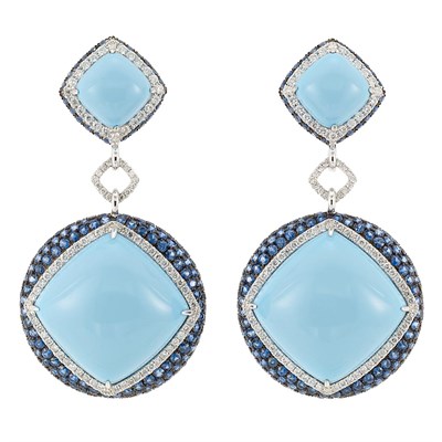 Lot 504 - Pair of White Gold, Turquoise, Diamond and Sapphire Pendant-Earrings