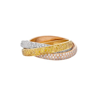 Lot 817 - Tricolor Gold, Diamond, Faint Pink Diamond and Yellow Diamond Interlocking Band Ring