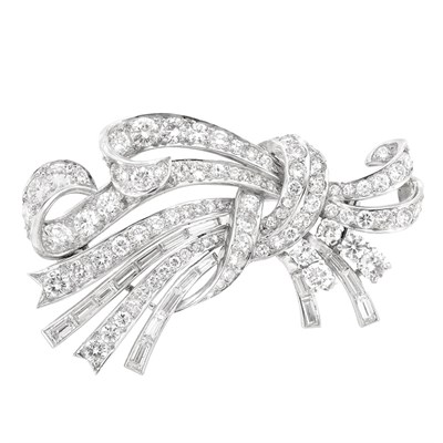 Lot 431 - Platinum and Diamond Scrolled Ribbon Clip-Brooch