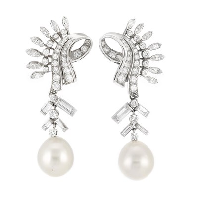 Lot 908 - Pair of Platinum, Diamond and Cultured Pearl Pendant-Earrings