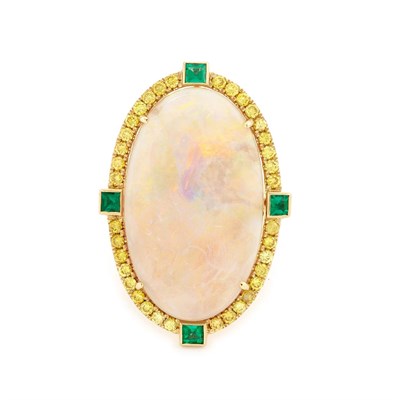 Lot 630 - Gold, Opal, Fancy Colored Yellow Diamond and Emerald Ring