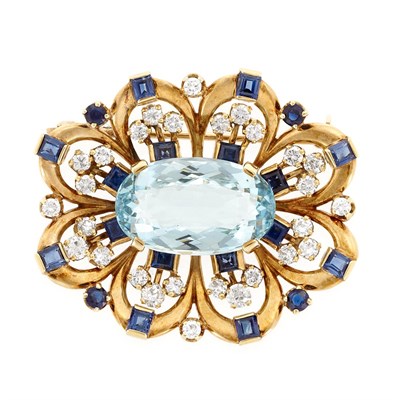 Lot 919 - Gold, Aquamarine, Diamond and Sapphire Brooch