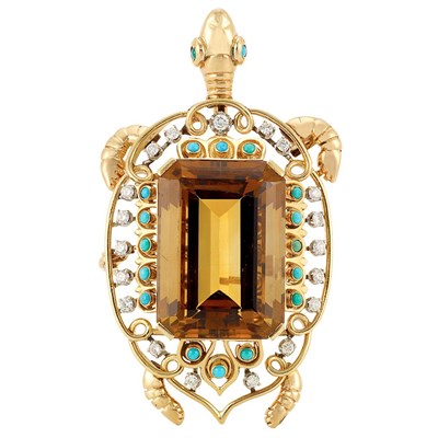 Lot 935 - Gold, Citrine, Diamond and Turquoise Turtle Brooch