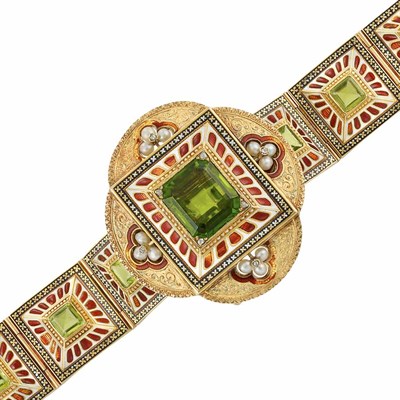 Lot 59 - Archaeological Revival Gold, Peridot, Pearl and Enamel Bracelet/Brooch Combination, France