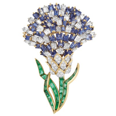 Lot 145 - Gold, Platinum, Diamond and Gem-Set Flower Clip-Brooch