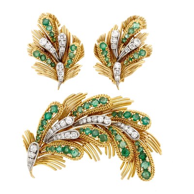 Lot 278 - Gold, Platinum, Diamond and Emerald Leaf Clip-Brooch and Pair of Earclips