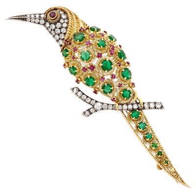 Lot 443 - Gold, Silver, Emerald, Diamond and Ruby Toucan Brooch