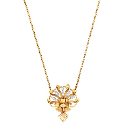 Lot 271 - Art Nouveau Gold, Platinum, Diamond and Ruby Pendant-Brooch, Andre Rambour, with Gold Chain, France