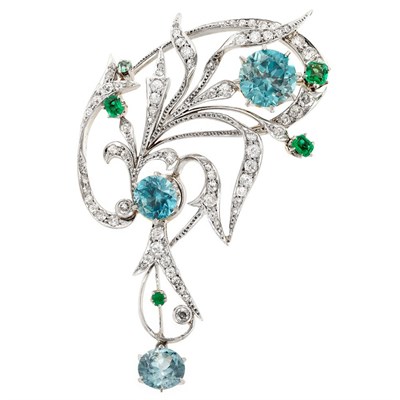 Lot 893 - Art Nouveau Platinum, Gold, Blue Zircon, Emerald and Diamond Brooch