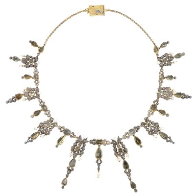 Lot 583 - Antique Silver, Gold, Foil-Backed Citrine, Diamond and Pearl Fringe Necklace