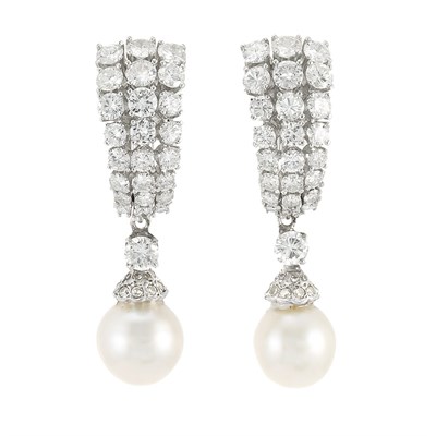 Lot 841 - Pair of White Gold, Diamond and Cultured Pearl Pendant-Earclips