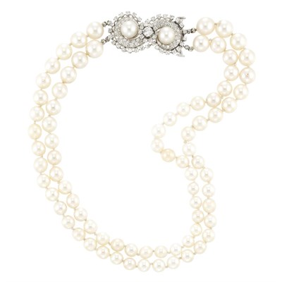 Lot 717 - Double Strand Cultured Pearl Necklace with Platinum, Cultured Pearl and Diamond Clasp
