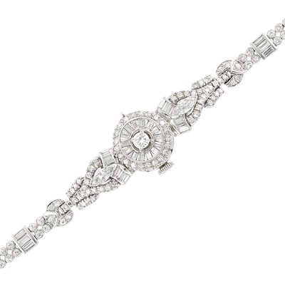 Lot 407 - Platinum and Diamond Bracelet-Watch, Omega