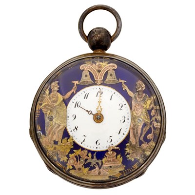 Lot 727 - Antique Silver, Brass, Variegated Gold and Enamel Jacquemart Automaton Repeating Open Face Pocket Watch
