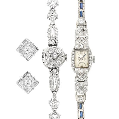 Lot 825 - Pair of Diamond Earrings and Two Diamond and Synthetic Sapphire Wristwatches