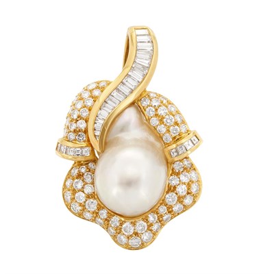 Lot 790 - Gold, Baroque Cultured Pearl and Diamond Pendant