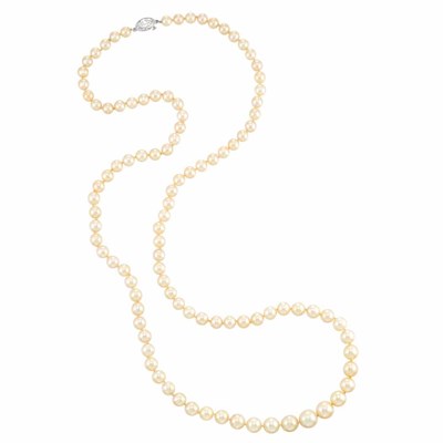 Lot 463 - Long Cultured Pearl Necklace with Platinum and Diamond Clasp