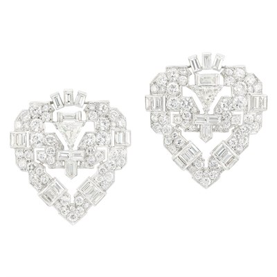 Lot 464 - Pair of Art Deco Platinum and Diamond Clip-Brooches