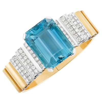 Lot 466 - Gold, Platinum, Aquamarine and Diamond Bangle Bracelet