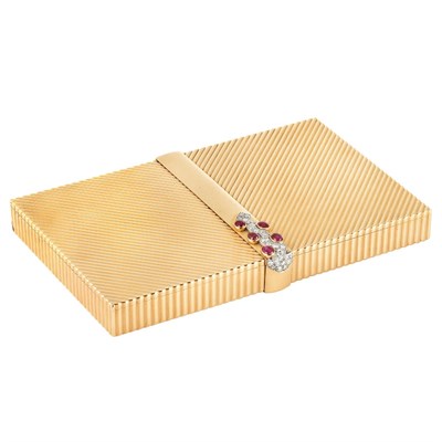 Lot 457 - Retro Gold, Platinum, Cabochon Ruby and Diamond Vanity, Cartier, Paris