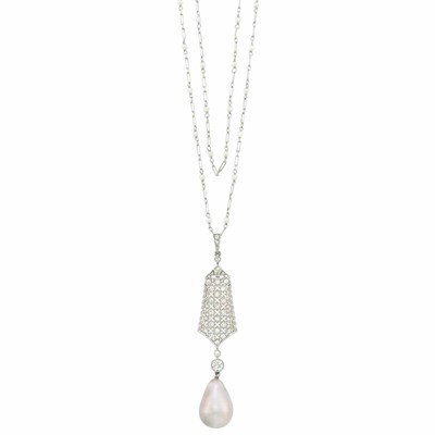 Lot 169 - Edwardian Platinum, Diamond and Natural Light Gray Pearl Pendant with Double Strand Platinum and Seed Pearl Chain Necklace